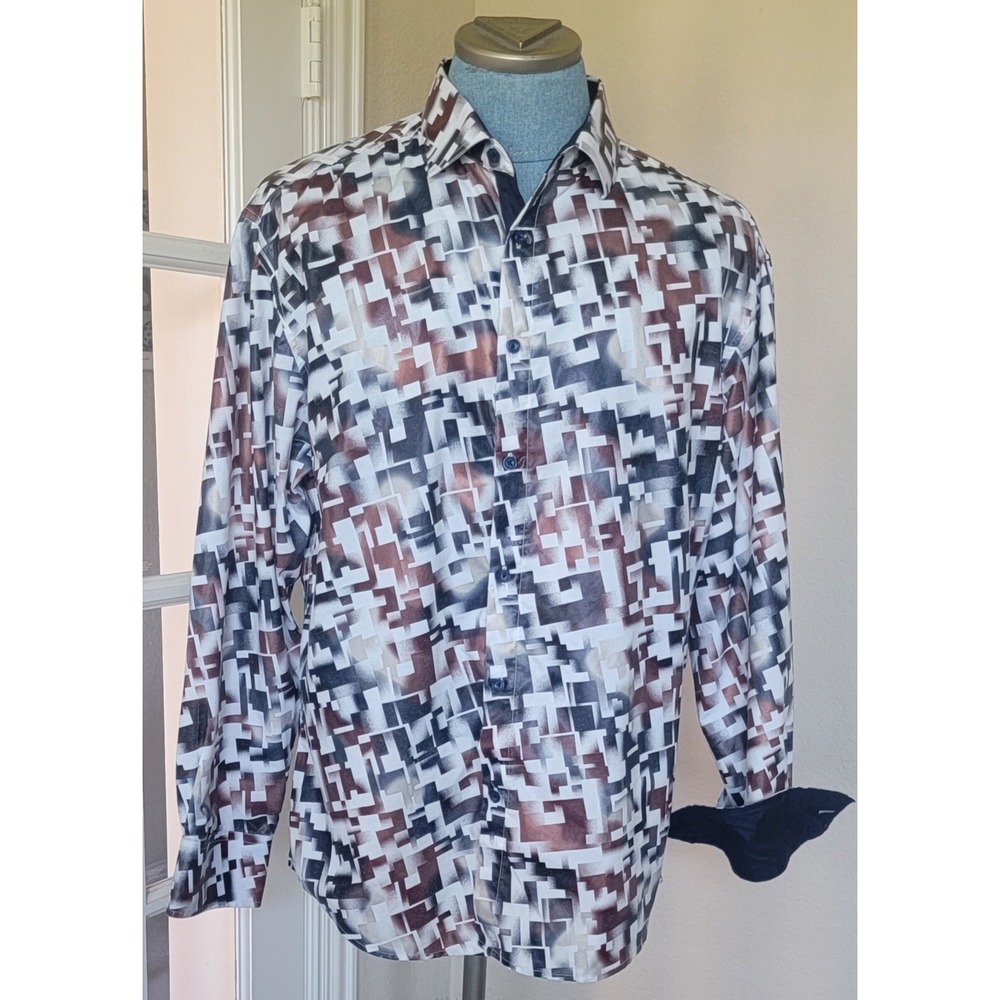 Bespoke Men's Abstract Button Up Long Sleeve Dress‎ Shirt Size XL